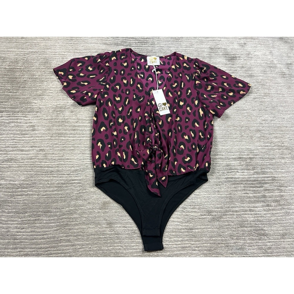 Peace Love Cake Bodysuit Womens Small Leopard Print Tie Front Short Sleeve NWT‎